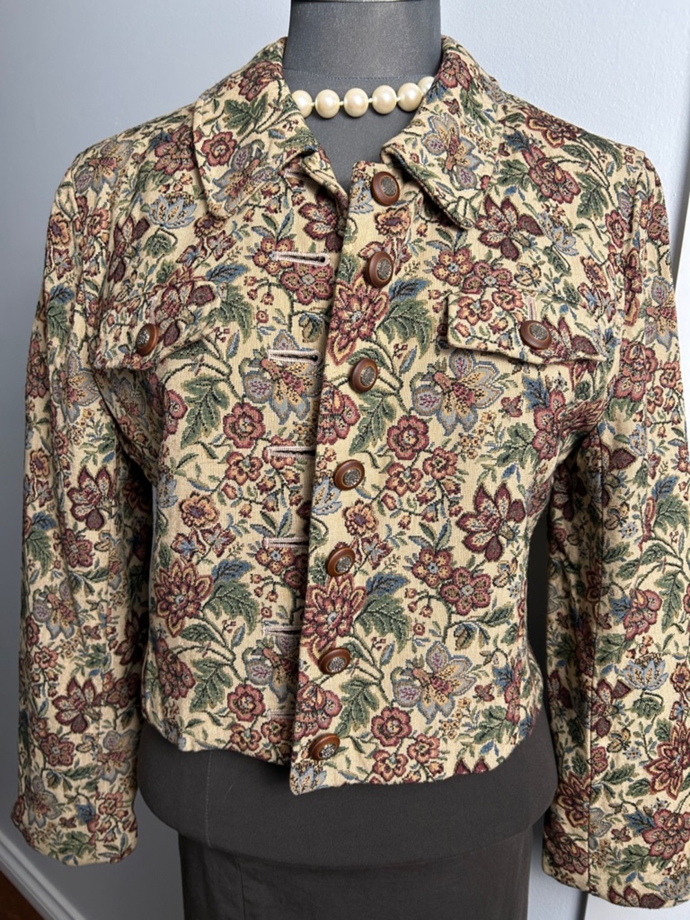 Vintage Floral Tapestry Cropped Blazer Jacket Burgundy Green Beige Y2K
